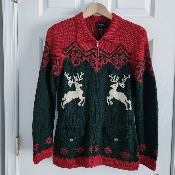 Vintage Lauren Ralph Lauren Red and Green Zip-Up Heavy Linen & Cotton Sweater